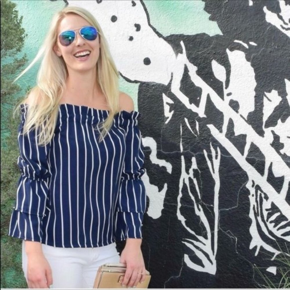 Navy and White  Striped off shoulder blouse small
